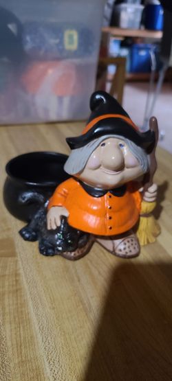 Witch Figurine with cat, broom and cauldron