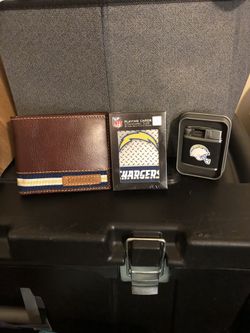San Diego Charges leather wallet playing cards and butane lighter