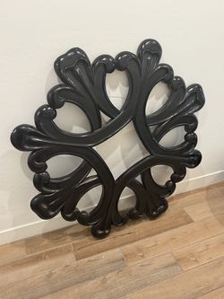 Huge 52” Black Wood Medallion Mirror Frame – Ornate Scrollwork