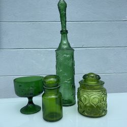 Antique Glass Set, Pedastal bowl, Cookie Jar, Decanter & Jar