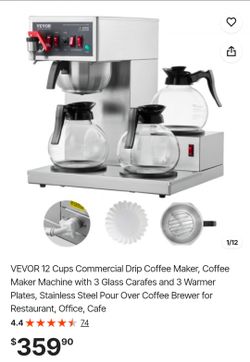 VEVOR 12 Cups Commercial Drip Coffee Maker, Coffee Maker Machine with 3 Glass Carafes and 3 Warmer Plates, Stainless Steel Pour Over Coffee Brewer for