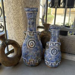 Vintage Blue Pottery 19” & 15” Tall Garden Vases Decor