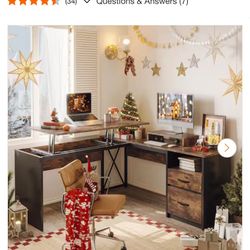 Bestier 55.7 in. Rustic Brown 2 Drawer L-Shaped Computer Desk with Lift-Top