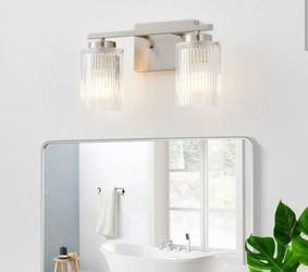 New 2-Light Bathroom Vanity Light Brushed Nickel Ribbed Glass Shades