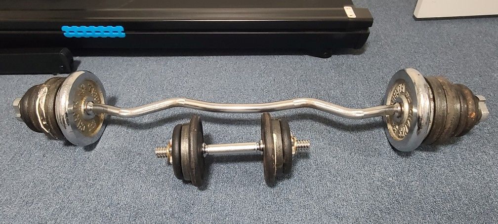 70 Lb Curl Barbell Adjustable 35lb Each Side +bar And 20lb Dumbell 10 Lb Each Side