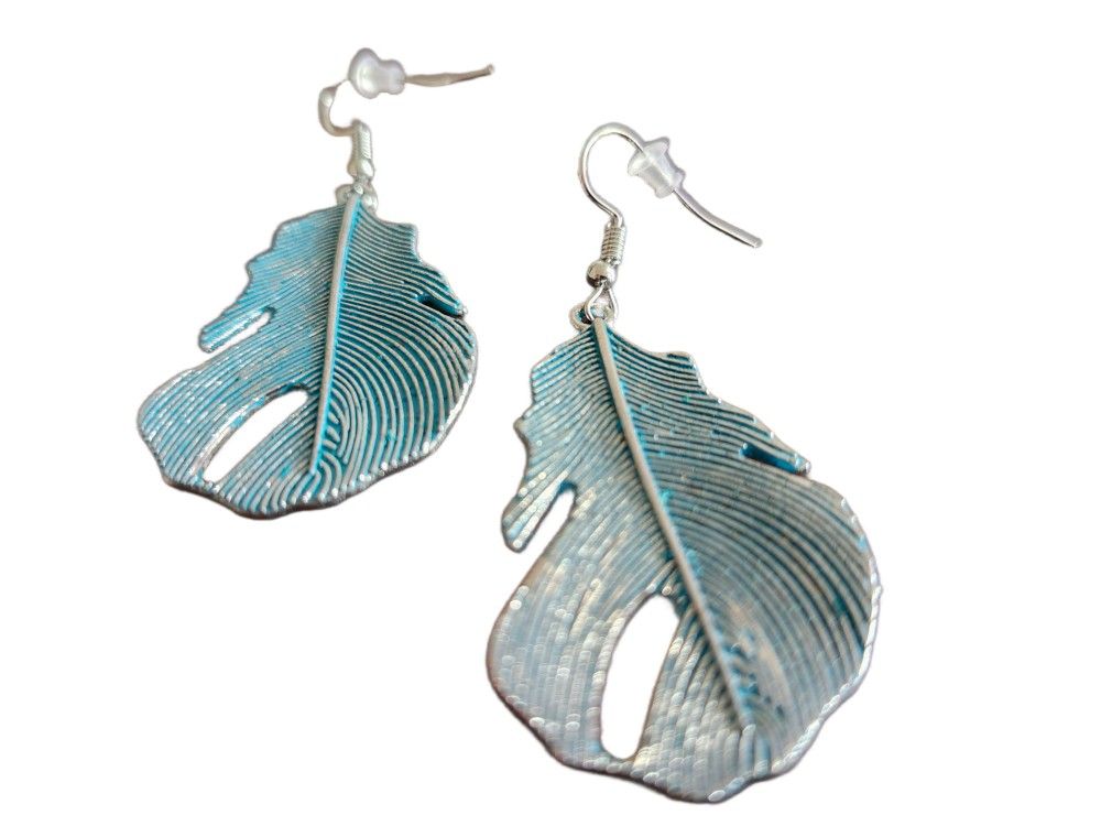 NEW Turquoise Metal Feather Earrings, 2"