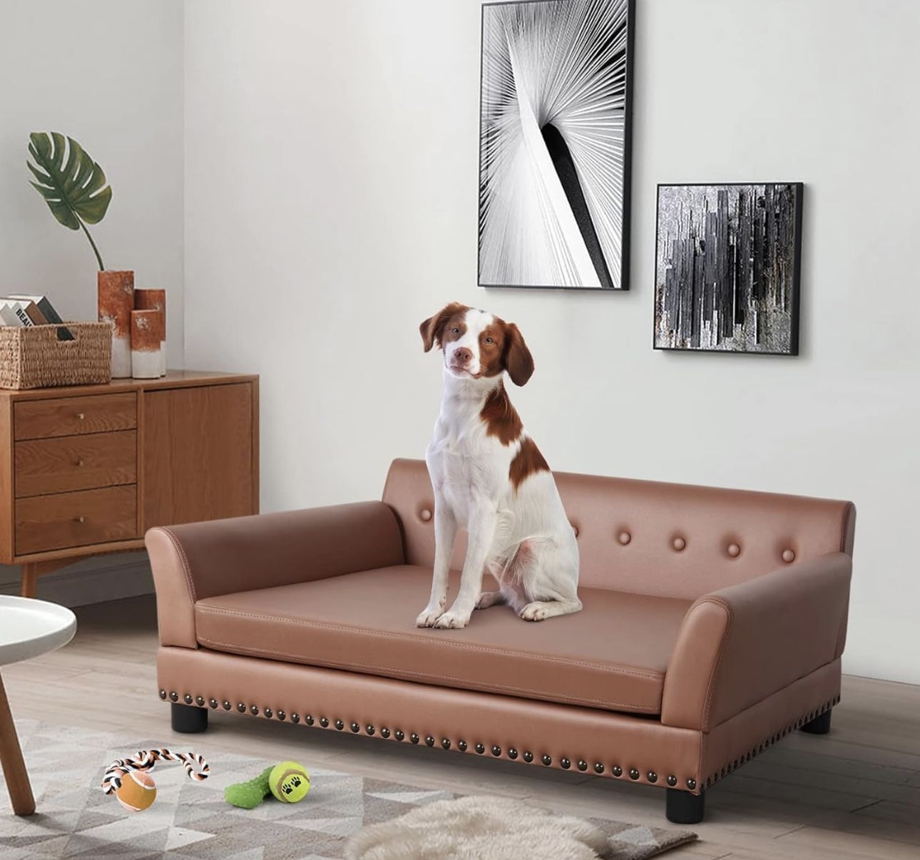 Large Dog Sofa Bed: Dogs Indoor Raised Lounge Chaise Couches Made by Faux Leather - Big Fancy Doggy Furniture Style Beds Mattress Orthopedic for Giant