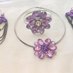 Purple Crystal Flower Necklace, Bracelet & Earrings Set