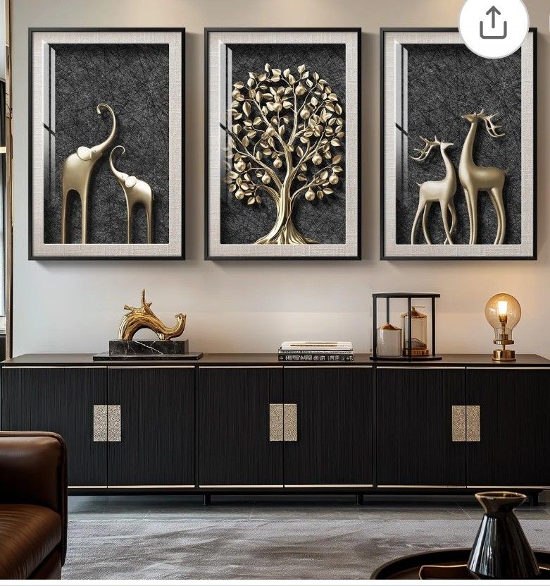 Framed Tree of Life Wall Art for Living Room, 3 Piece Large Elephant Deer Animals Pictures Wall Decor, Modern Luxury Black and Gold Wall Art for Hallw