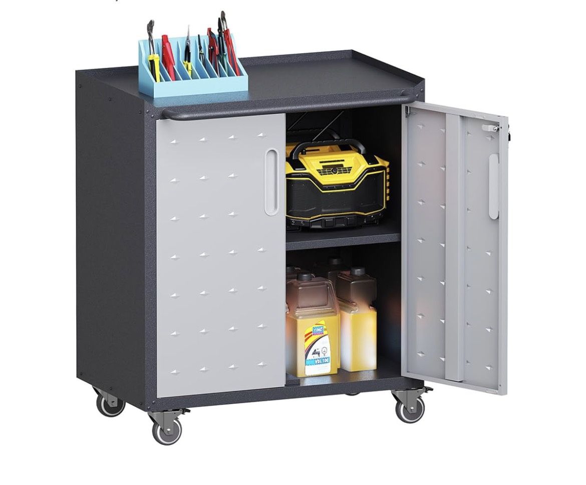 P-Garage Storage Cabinets with Wheels, Locking Metal Storage Cabinets with Doors and Adjustable Shelves, Easy Assembly Tool Cabinet for Garage, Baseme