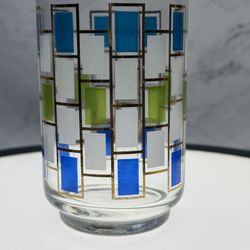 (1) As-Is Libbey Glass Co, Nordic, Blue Green and White Geometric Rectangles, Gold Trimmed 10 oz Tumbler. Some gold rubbed off. See pics & video. 