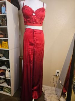 Red Satin Lace Crop Top and Maxi Skirt Set