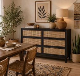 New Multi Purpose Boho Black and Rattan 6 Drawer Storage Dresser Buffett Server