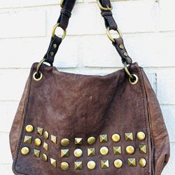 Vintage Fossil 100% Brown Leather Studded Messenger Shoulder Bag Purse 