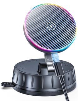 15W MagSafe Car Charger Mount, Magnetic Wireless Car Phone Holder with Dual Input Port, Vacuum Suction & Nano Adhesive Base, 360° Rotation Stable Car