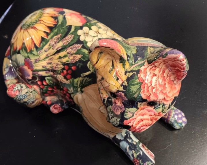 Beautiful Ceramic Floral Decompauge Cat