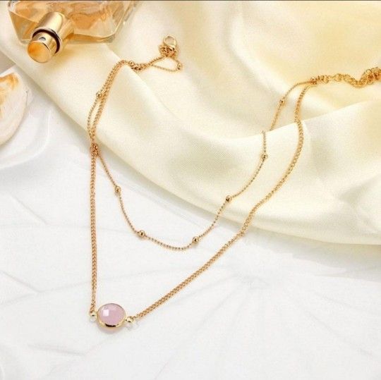 Pink Crystal & Gold Alloy Tiered Necklace