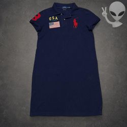Polo Ralph Lauren Skinny Polo Dress Womens S Navy Blue Big Pony USA Flag Preppy