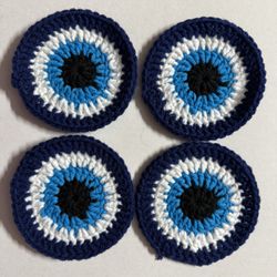 EVIL EYE/MANDALA BLUE Crochet Handmade Coasters trivet MUG RUG-set of 4-doily