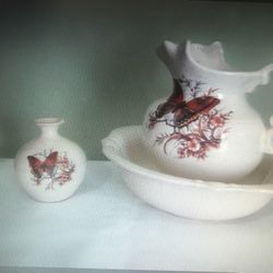 Vintage Treasure Craft Ceramic Water Pitcher, Bowl & Flower Holder Butterfly