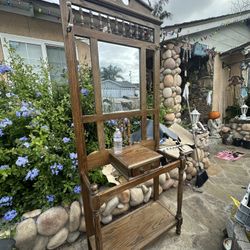 Vintage Oak Wood Hall Tree With Beveled Mirror 