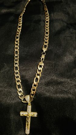 14K Gold-Gold-Filled Figero Link Chain with Iced Out Crucifix Pendant