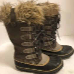 Sorel Women’s Joan of Arctic waterproof lined, insulated & breathable mid calf Boots, upper leather, size 5, quarry black in, heel wear otherwise in g