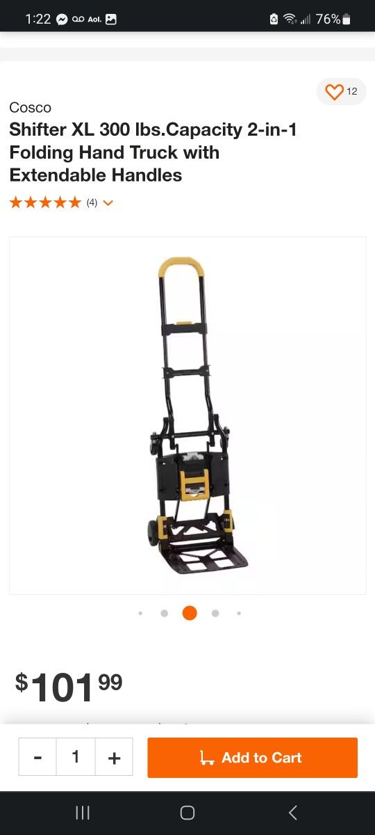 Cosco Shifter XL 300 lbs.Capacity 2-in-1 Folding Hand Truck $70