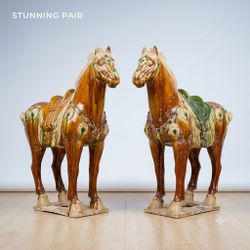 Pair of Large Vintage Tang Dynasty Style Sancai Glazed Ceramic War Horses