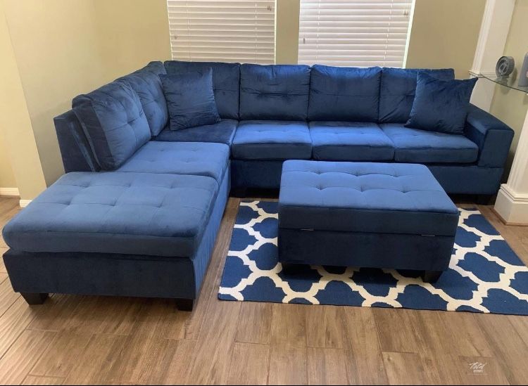 Heights Blue Sectional With Ottoman & sofa couch loveseat recliner options