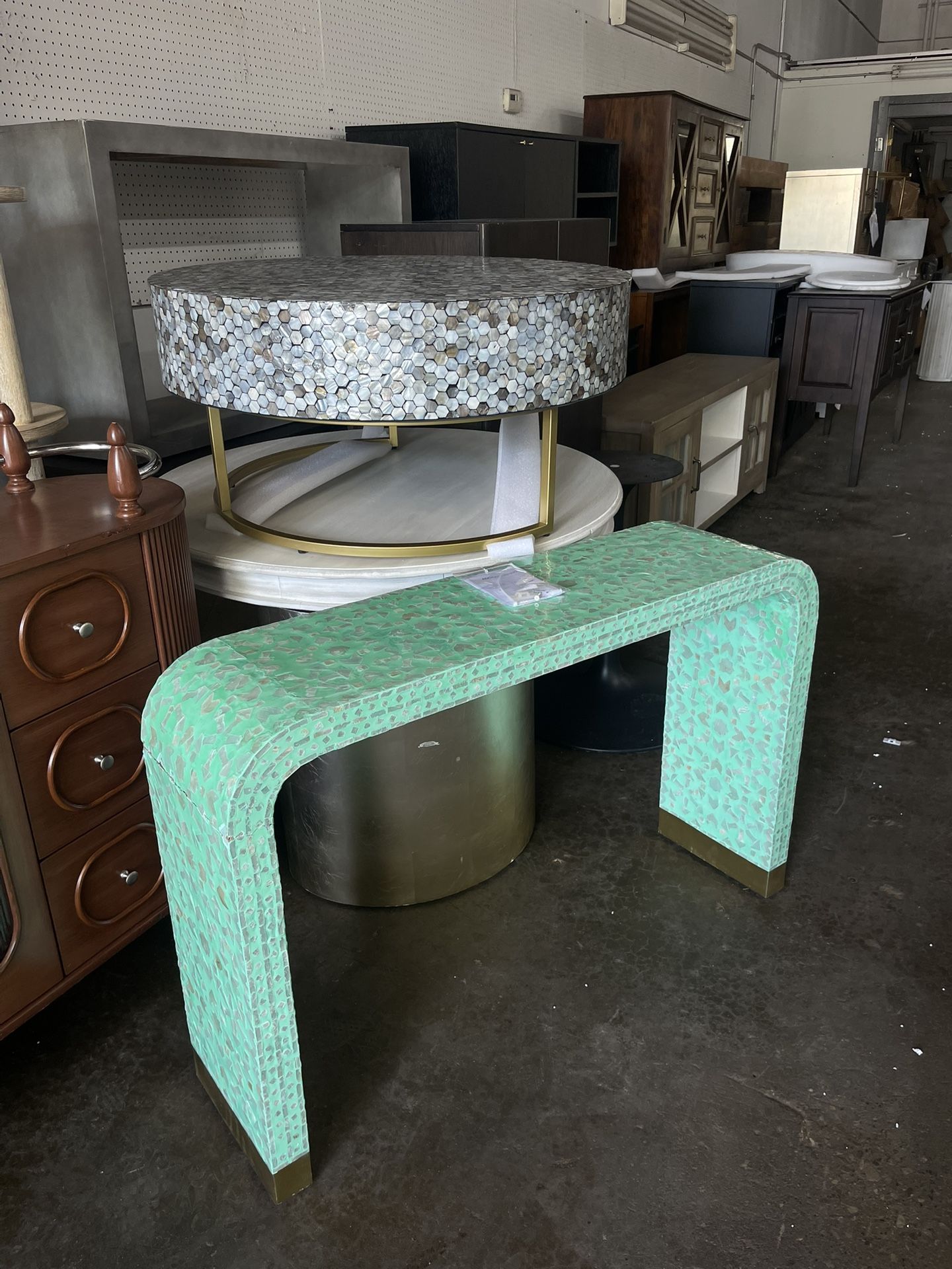 Baxton Studio Didrika Console Table in Seafoam Green Mother of Pearl