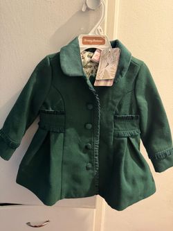 Girls Green Dress Coat with Ruffle Trim