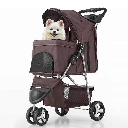 MoNiBloom Foldable Dog Strollers for Small Dogs with Weather Cover, 3 Wheels Pet Strolling Cart for Dogs and Cats with Storage Basket and Cup Holder