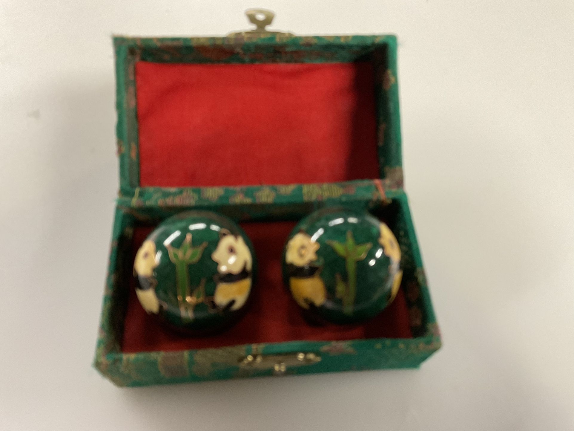 Vintage Chinese Cloisonné Panda Bears Chiming Baoding Balls In A Silk Brocade Box
