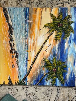 Beautiful Original Sunrise/Sunset ocean tropical trees sea Painting