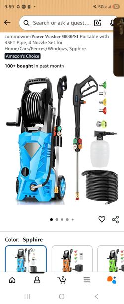 commowner𝐏𝐨𝐰𝐞𝐫 𝐖𝐚𝐬𝐡𝐞𝐫 𝟓𝟎𝟎𝟎𝐏𝐒𝐈 Portable with 33FT Pipe, 4 Nozzle Set for Home/Cars/Fences/Windows, Spphire