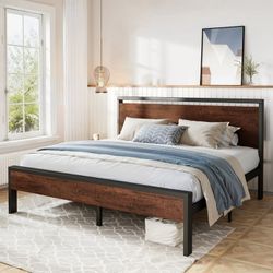 King Size Bed Frame, Heavy Duty Metal Platform Bed with Wooden Headboard & Footboard, Mahogony