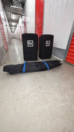 Pair of EV ZLX-12BT Powered Speakers + Covers, Rockville Stands & Bag