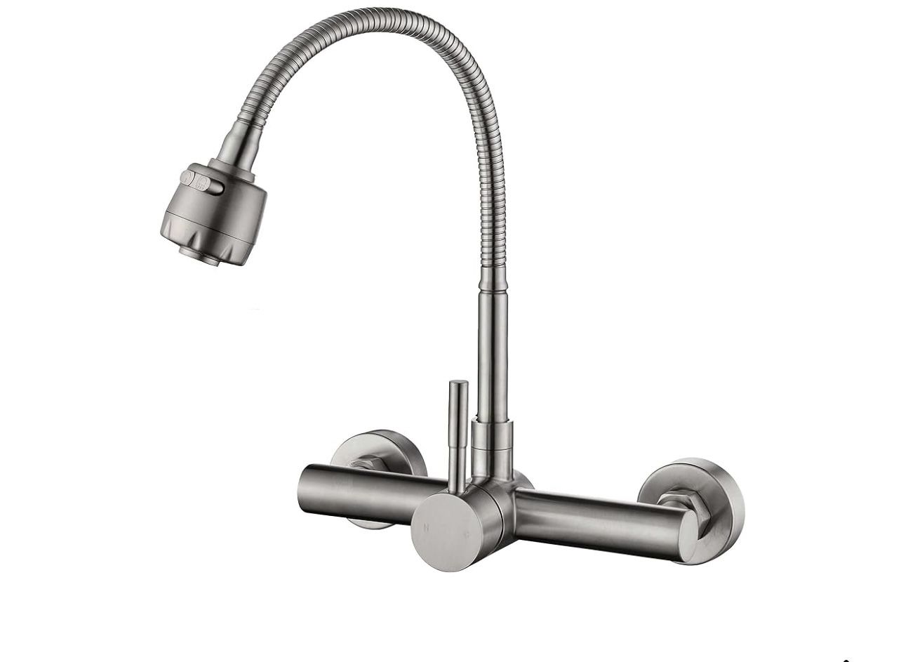 Wall Mount Kitchen Faucet, Single Handle, 8 Inch, Mall, with Stainless Steel, Brushed Nickel Finish, Commercial Kitchen Sink Faucet