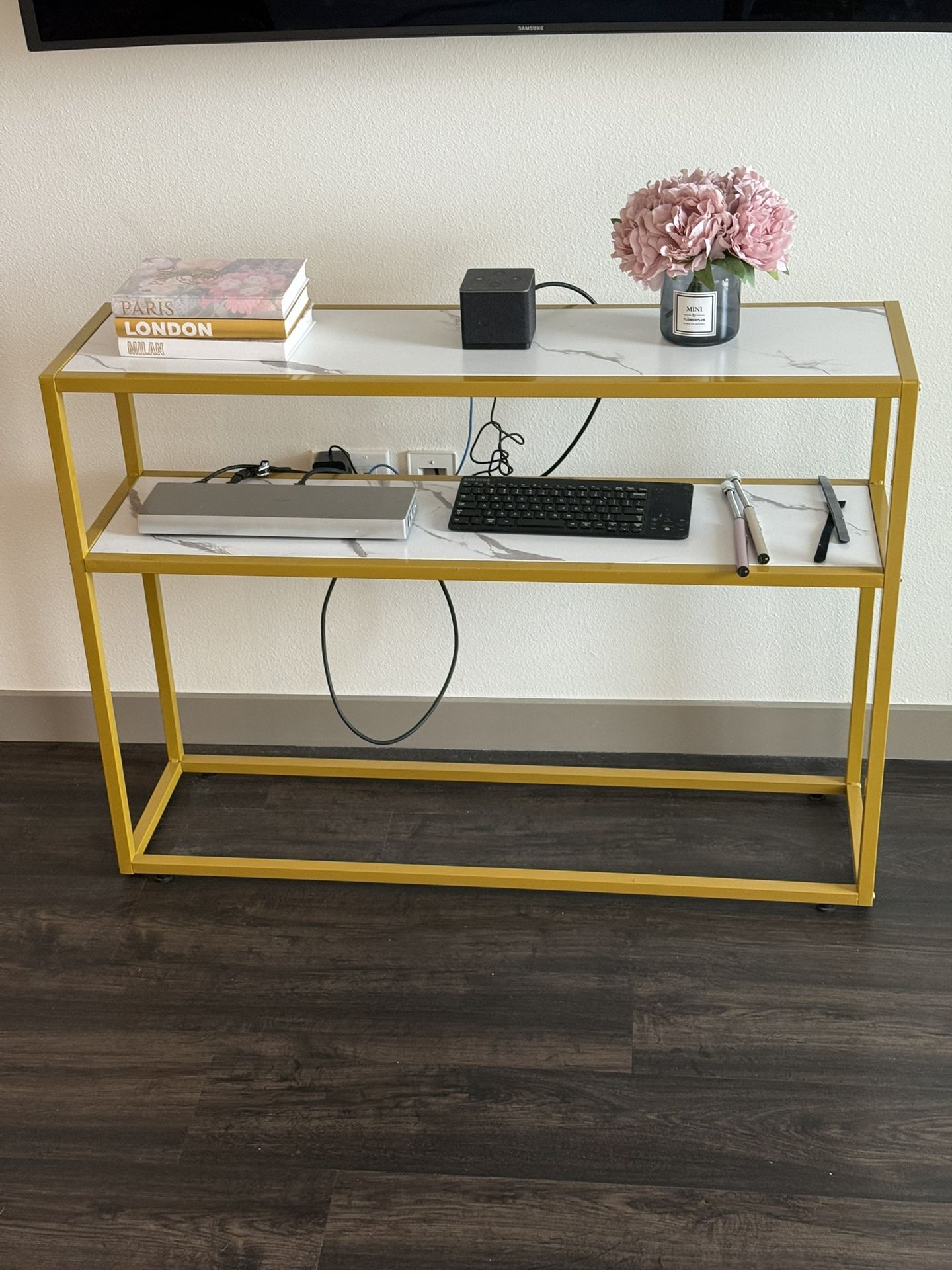 Large Faux Marble White & Gold Console Table