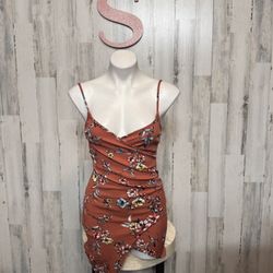 Love J Rust Floral Bodycon Mini Dress Asymmetrical Hem  Size Small NWT