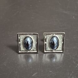 Vintage Anson Metallic Silvertone With Dark Blue Gray Polished Oval Gemstones Cuff Links