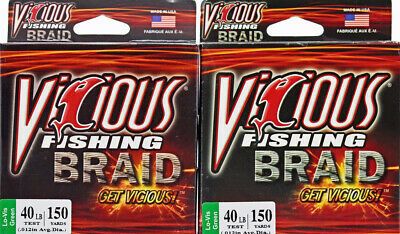 2 Vicious Braid fishing Line 150 Yd Lo-Vis Moss Green 40 Pound for baitcaster baitcast fishing reel