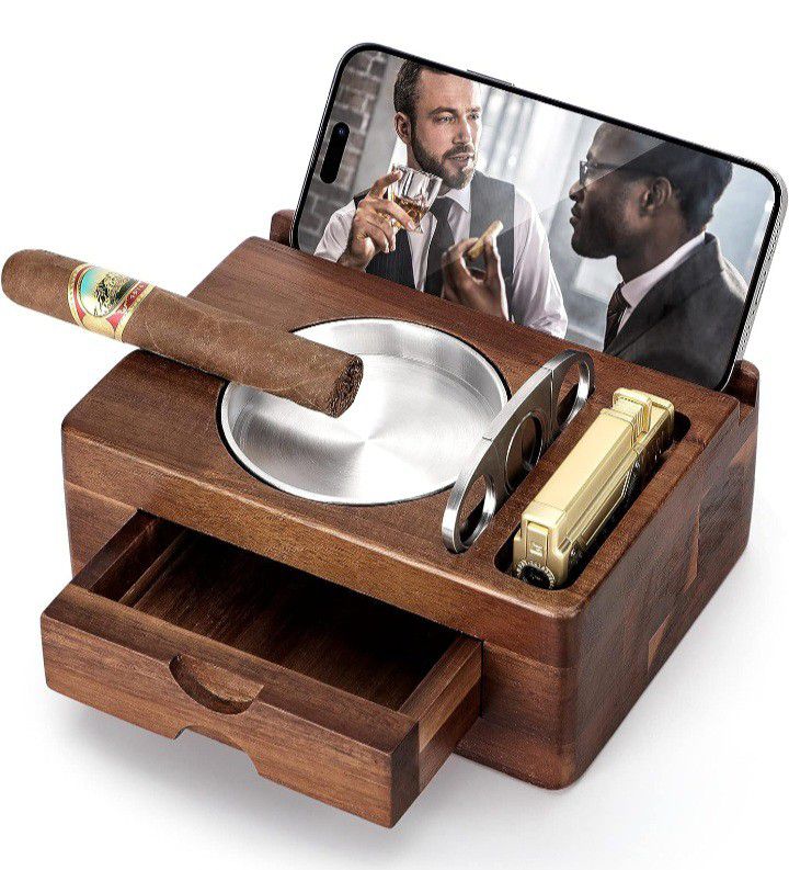 Tesonwqy Cigar Ashtray, Wooden Cigar Ashtrays with Cigar Cutter, Phone Tablet Holder, Cigar Holder, Accessories Drawer and Lighter Slot