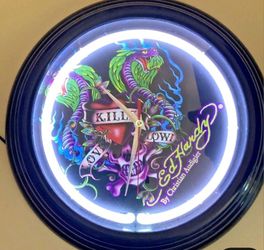 Ed Hardy Wall Clock - Neon Light Love Kills Slowly Dragon Skull 14.5" - New AC Power Cord