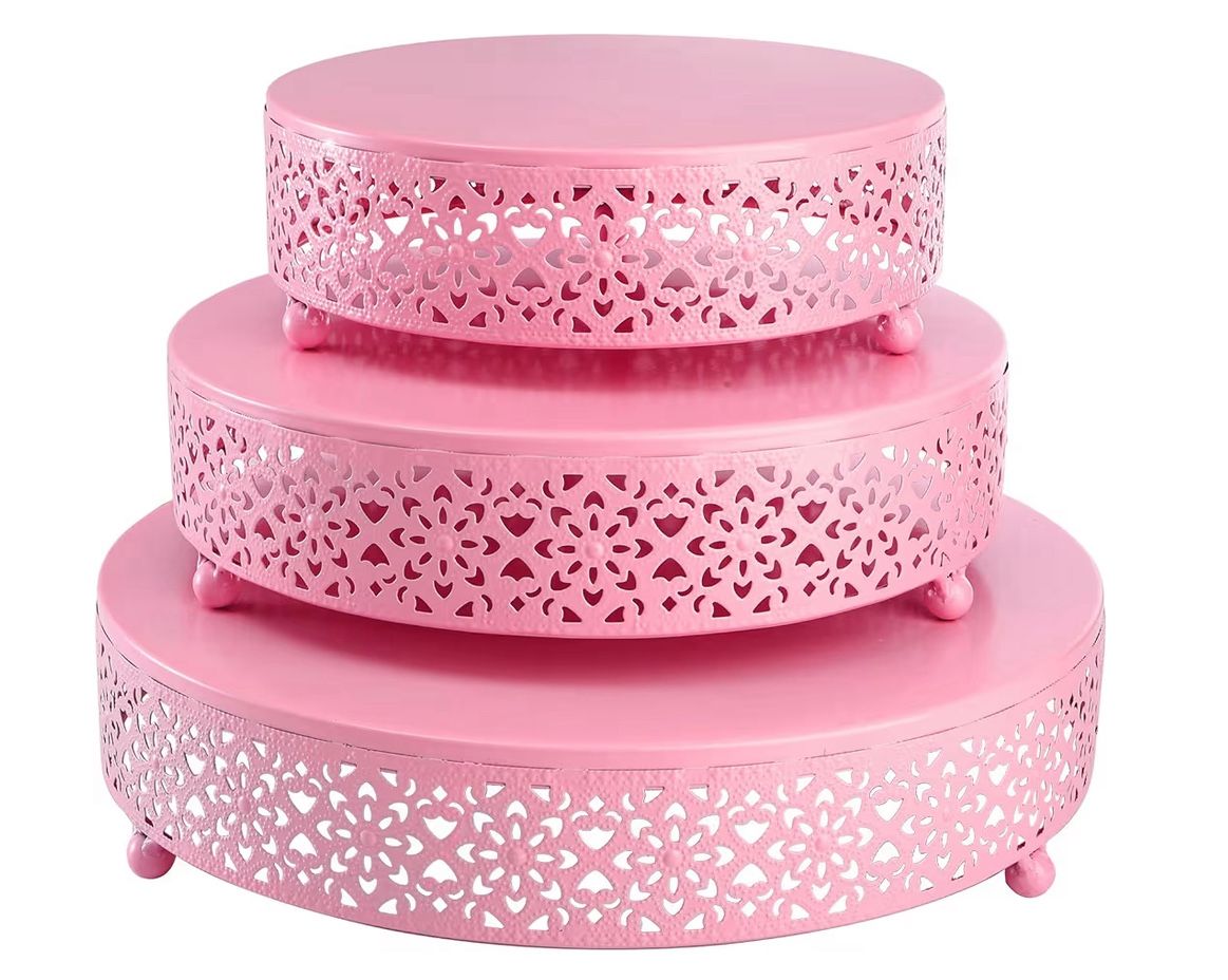 (7777-14) Hedume 3-Piece Metal Cake Stand Set, Pink Round Cake Stand, Dessert Cupcake Pastry Candy Display Plate for Wedding, Birthday Party, Event