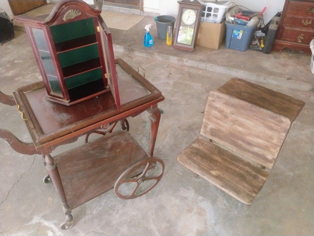 Antique Drink/Tea Cart, School Desk,Shelf/Wall Clock