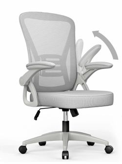Home Office Desk Chair Mid Back with Adjustable Height Grey Comfy Ergonomic Chair with Flip-Up Arm a