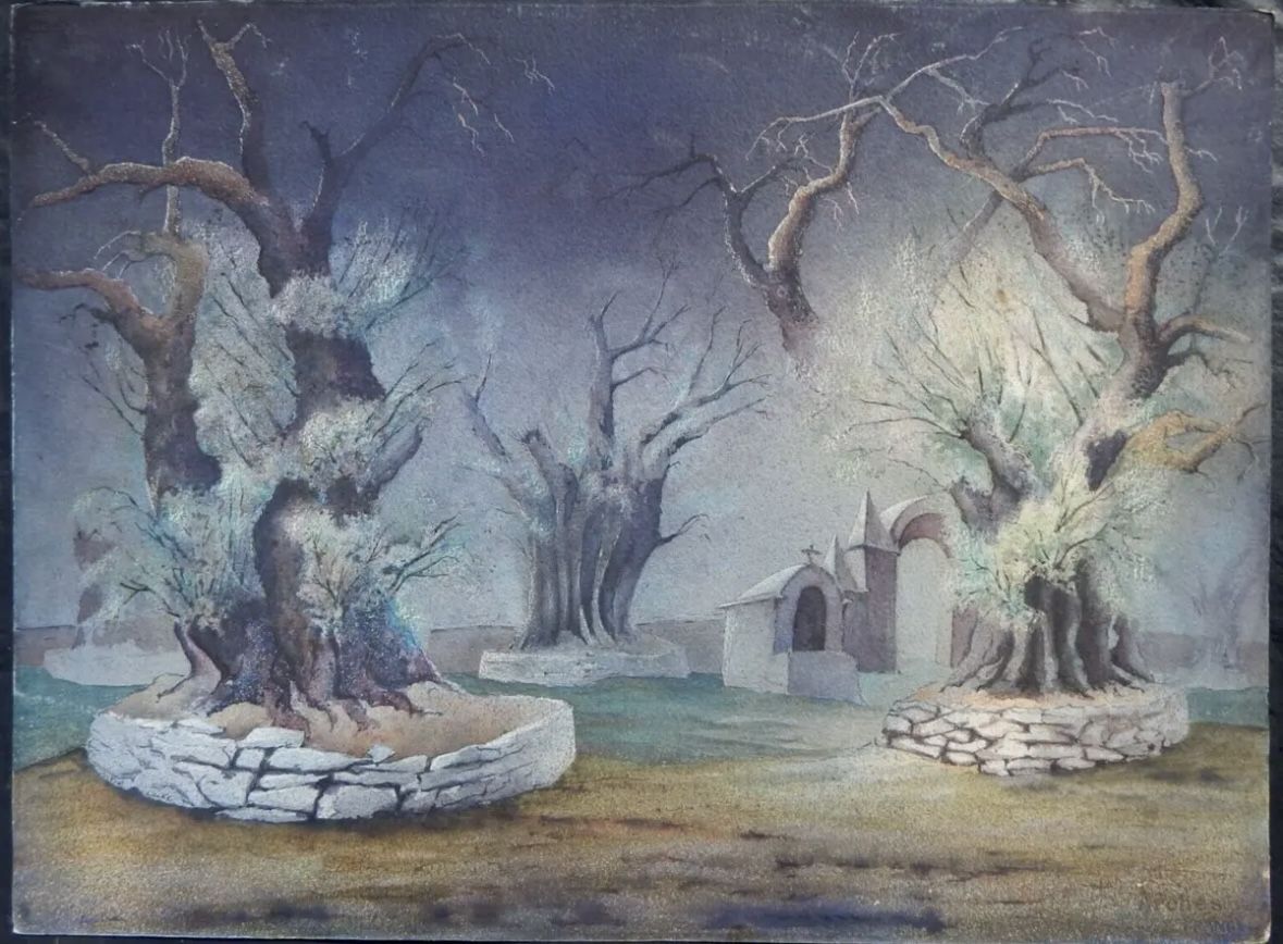 JUSTIN LOCKE (1920-79) Listed NM Artist WC Painting "Los Olivos de Tzintzuntzan"