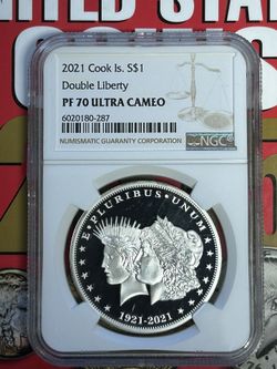 2021 Cook Islands Double Liberty PF 70 Ultra Cameo Silver $1 Coin
